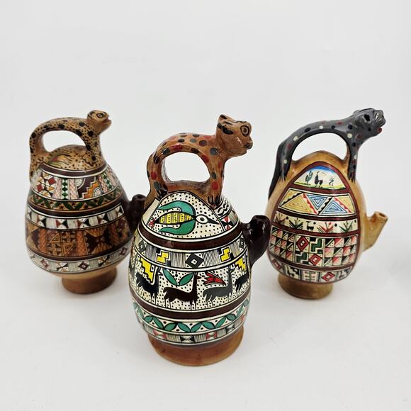 Lot of Chicha Jug Pitchers & Cups Pottery Cuzco Peru Inca Style Cat Animal VTG - Picture 4 of 14